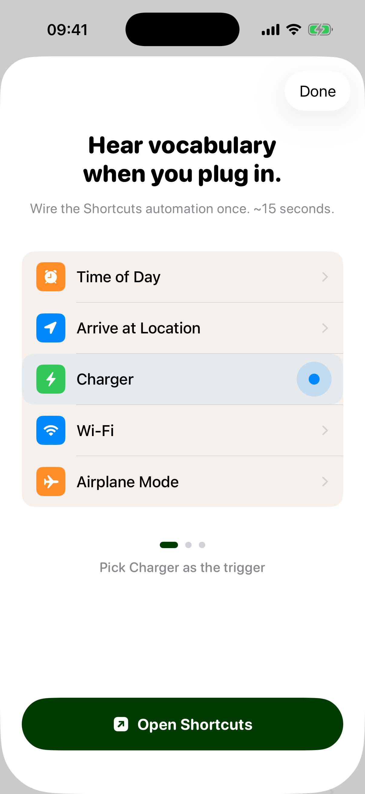 Charger plug-in moment with phrase audio playing