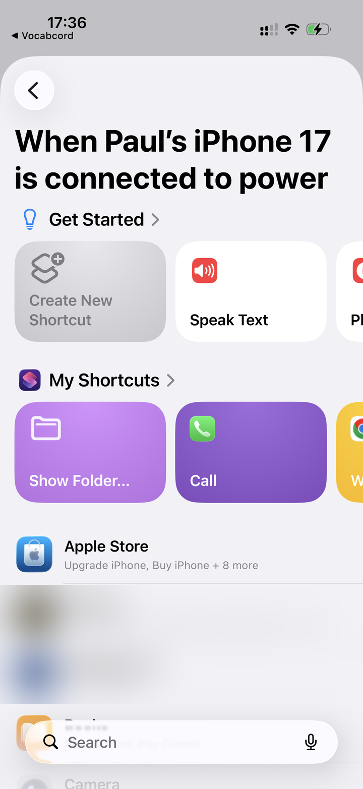 The action picker: suggestions up top, then an A-to-Z list of apps