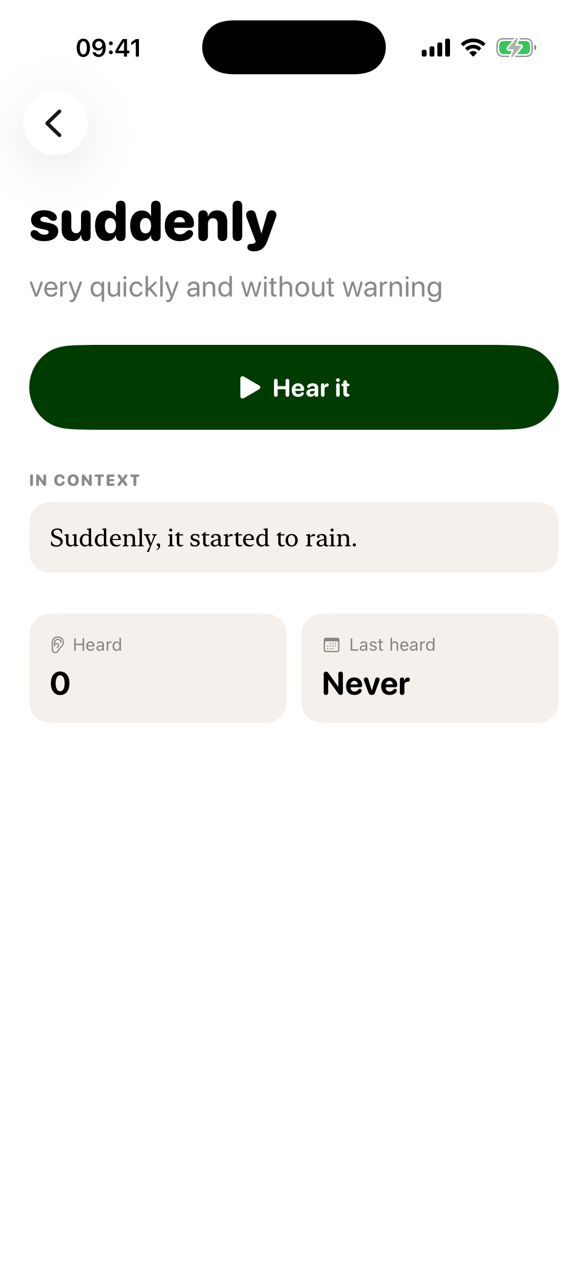 Phrase detail screen with translation, audio, and exposure count