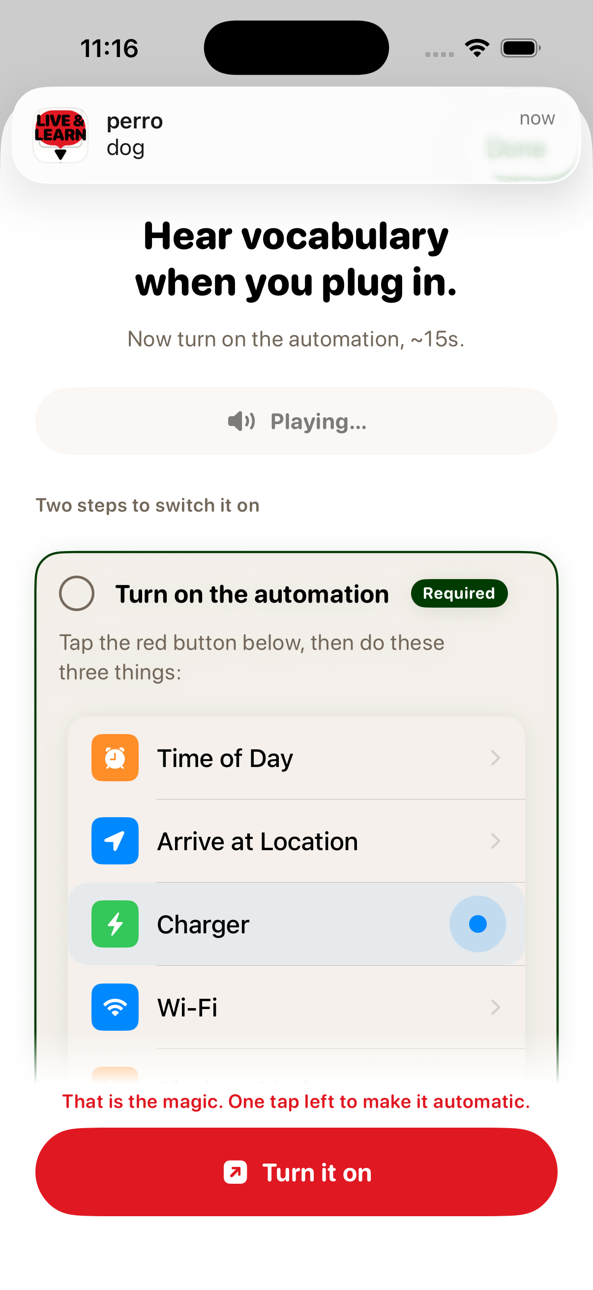 The Vocabcord setup sheet: turn on the charger automation in about fifteen seconds.